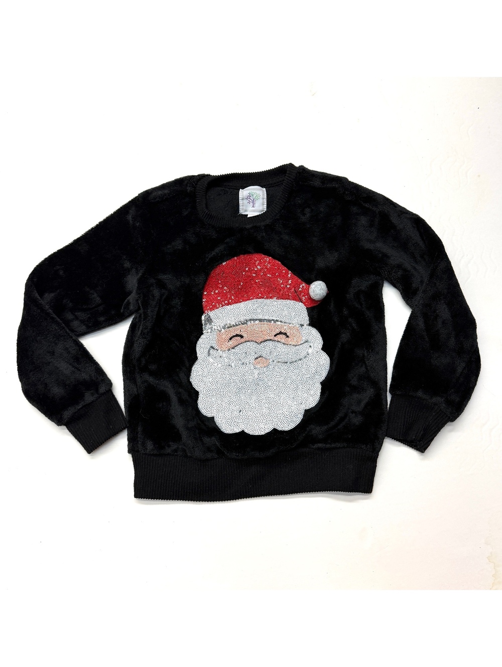 Colortree Girls Black Plush Santa Christmas Holiday Sweatshirt Top